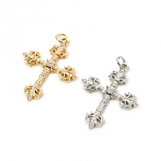 Imagen de 1 Piece Eco-friendly Brass Religious Pendants Real Gold Plated Cross Clear Cubic Zirconia 3.3cm x 2.2cm