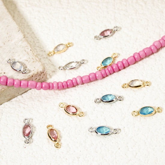 Picture of Eco-friendly Brass Connectors Charms Pendants Oval Real Gold Plated Multicolor Rhinestone 10mm x 4mm