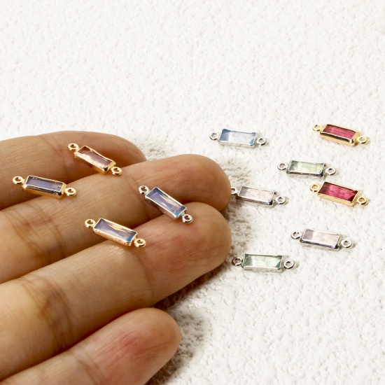 Picture of Eco-friendly Brass Connectors Charms Pendants Rectangle Real Gold Plated Multicolor Rhinestone 12mm x 4mm