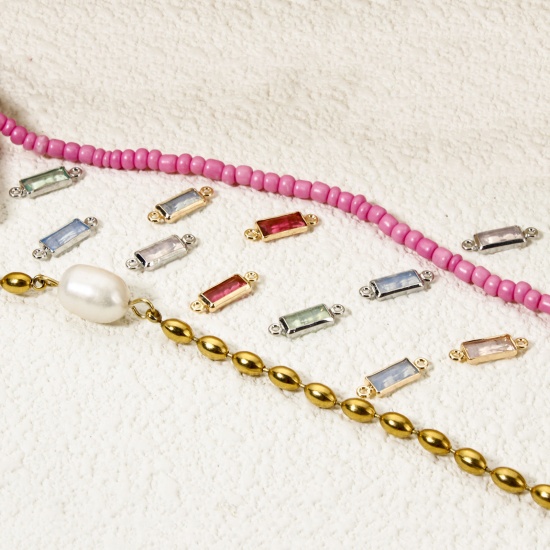 Picture of Eco-friendly Brass Connectors Charms Pendants Rectangle Real Gold Plated Multicolor Rhinestone 12mm x 4mm