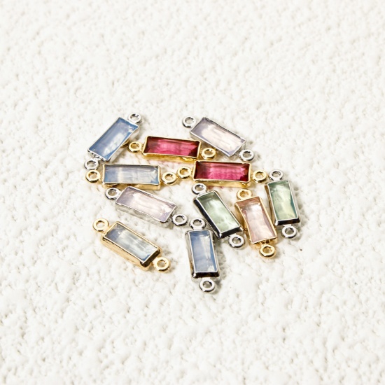 Picture of Eco-friendly Brass Connectors Charms Pendants Rectangle Real Gold Plated Multicolor Rhinestone 12mm x 4mm