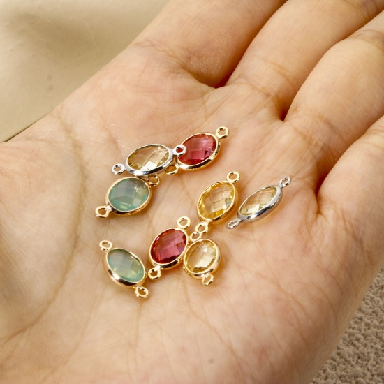 Image de 5 PCs Eco-friendly Brass Connectors Charms Pendants Oval Real Gold Plated Multicolor Rhinestone 14mm x 7mm