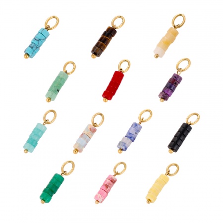 Eco-friendly PVD Vacuum Plating 304 Stainless Steel & Gemstone Charms 14K Gold Plated Cylinder 22cm x 4cm