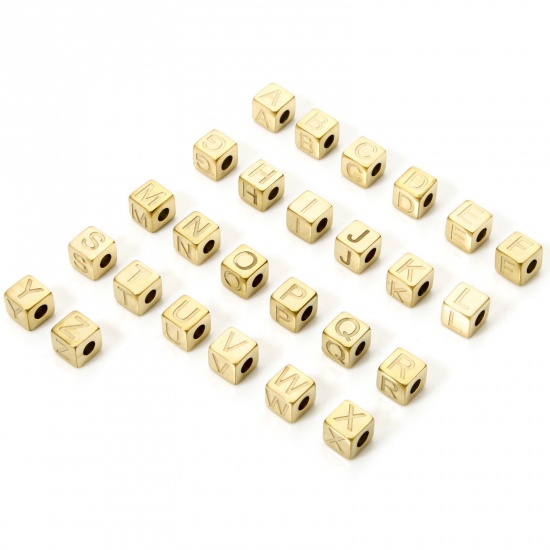 Picture of Eco-friendly PVD Vacuum Plating 304 Stainless Steel Beads For DIY Jewelry Making 14K Gold Plated Cube Capital Alphabet Initial Letter Message " A-Z " 5mm x 5mm, Hole: Approx 2mm