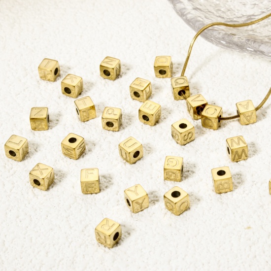 Picture of Eco-friendly PVD Vacuum Plating 304 Stainless Steel Beads For DIY Jewelry Making 14K Gold Plated Cube Capital Alphabet Initial Letter Message " A-Z " 5mm x 5mm, Hole: Approx 2mm