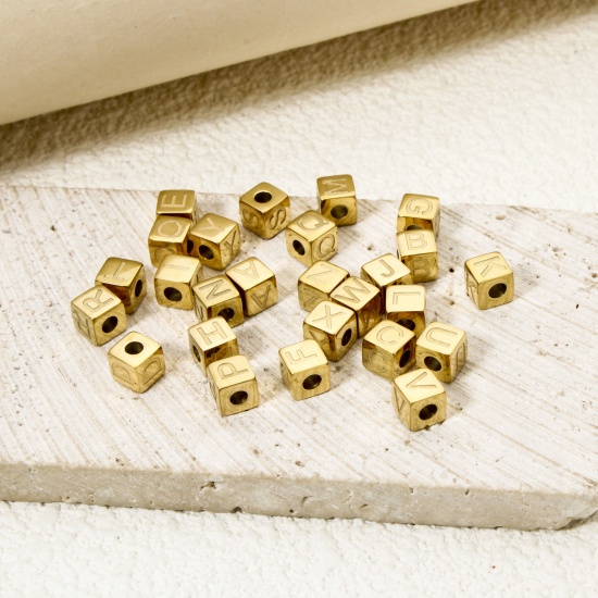 Picture of Eco-friendly PVD Vacuum Plating 304 Stainless Steel Beads For DIY Jewelry Making 14K Gold Plated Cube Capital Alphabet Initial Letter Message " A-Z " 5mm x 5mm, Hole: Approx 2mm