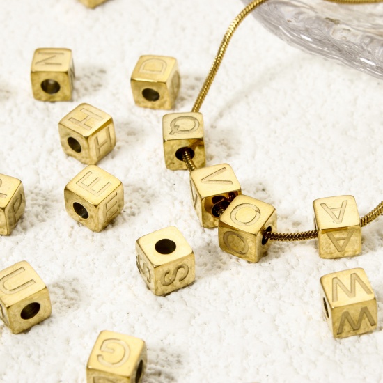 Picture of Eco-friendly PVD Vacuum Plating 304 Stainless Steel Beads For DIY Jewelry Making 14K Gold Plated Cube Capital Alphabet Initial Letter Message " A-Z " 5mm x 5mm, Hole: Approx 2mm