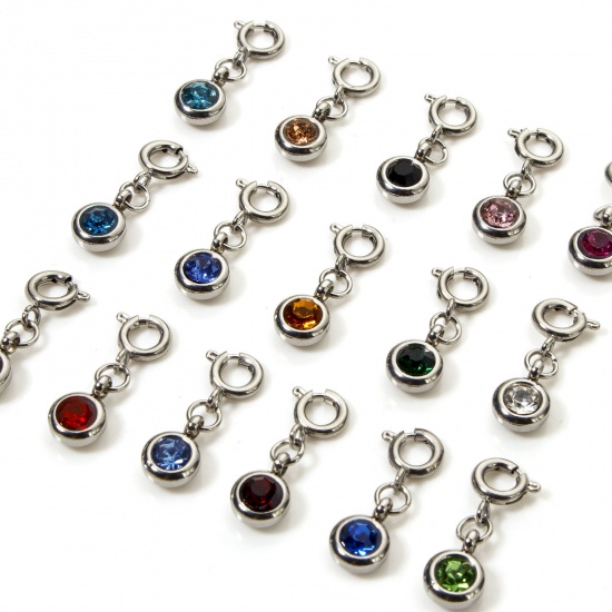 Picture of 304 Stainless Steel Birthstone Charms Silver Tone Round 20mm x 6.5mm