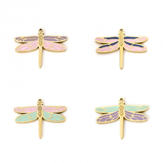 Bild von Umweltfreundliche PVD-Vakuumbeschichtung 304 Edelstahl Insekt Charms Schmetterling 14K Echtgold plattiert Bunt Emaille 15mm x 12mm