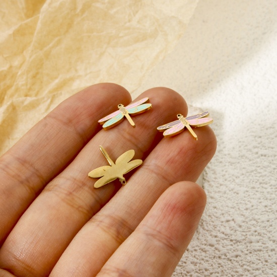 Bild von Umweltfreundliche PVD-Vakuumbeschichtung 304 Edelstahl Insekt Charms Schmetterling 14K Echtgold plattiert Bunt Emaille 15mm x 12mm