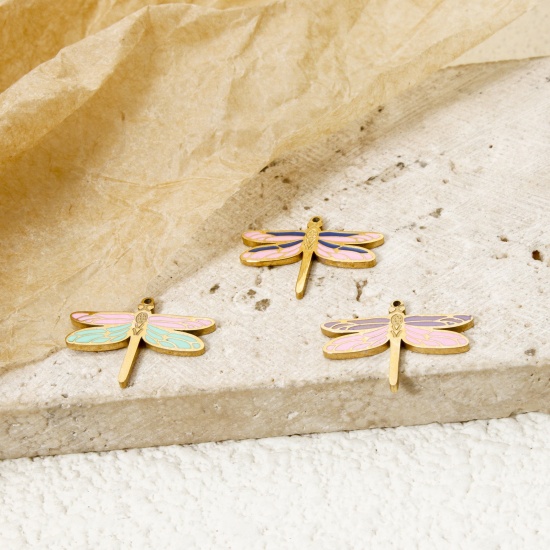 Bild von Umweltfreundliche PVD-Vakuumbeschichtung 304 Edelstahl Insekt Charms Schmetterling 14K Echtgold plattiert Bunt Emaille 15mm x 12mm