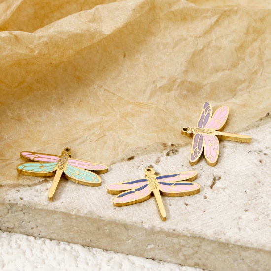 Bild von Umweltfreundliche PVD-Vakuumbeschichtung 304 Edelstahl Insekt Charms Schmetterling 14K Echtgold plattiert Bunt Emaille 15mm x 12mm
