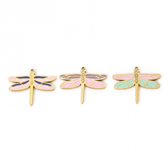 Bild von Umweltfreundliche PVD-Vakuumbeschichtung 304 Edelstahl Insekt Charms Schmetterling 14K Echtgold plattiert Bunt Emaille 15mm x 12mm