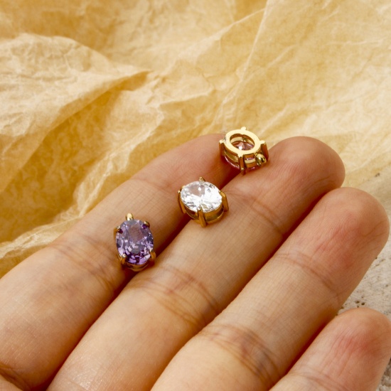 Immagine di 1 Pz Placcatura Sottovuoto PVD Ecologica 304 Acciaio Inossidabile Ciondoli Ovale 14K Vero Oro Placcato Multicolore Cubic Zirconiae 10mm x 6mm