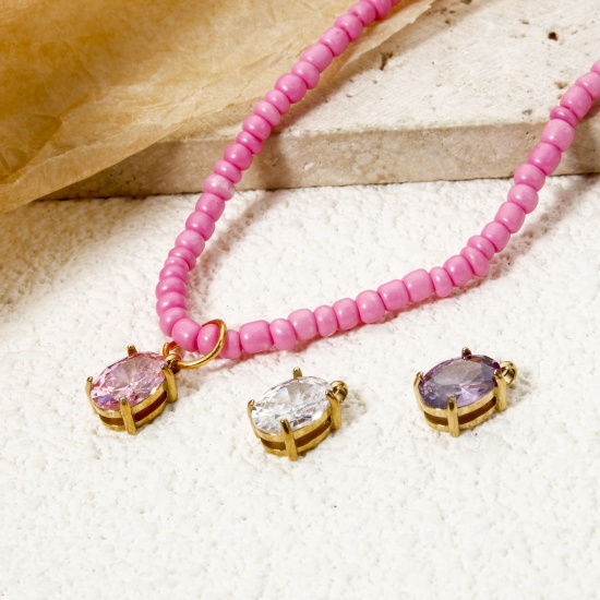 Immagine di 1 Pz Placcatura Sottovuoto PVD Ecologica 304 Acciaio Inossidabile Ciondoli Ovale 14K Vero Oro Placcato Multicolore Cubic Zirconiae 10mm x 6mm