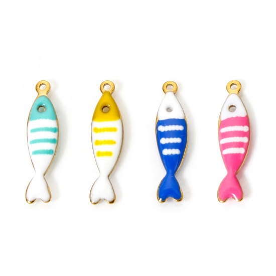 Image de 5 Pcs Breloques en 304 Acier Inoxydable Revêtement sous Vide PVD Respectueux de l'Environnement Bijoux d'Océan Poisson Plaqué Or Véritable 18K Couleur au Hasard Rayées Émail 18.5mm x 5mm