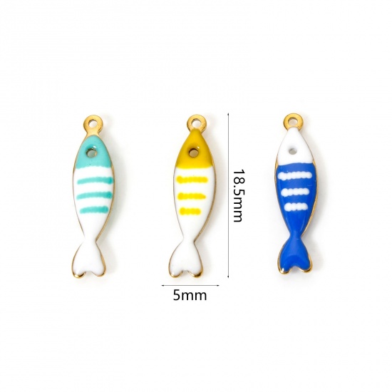 Image de 5 Pcs Breloques en 304 Acier Inoxydable Revêtement sous Vide PVD Respectueux de l'Environnement Bijoux d'Océan Poisson Plaqué Or Véritable 18K Couleur au Hasard Rayées Émail 18.5mm x 5mm