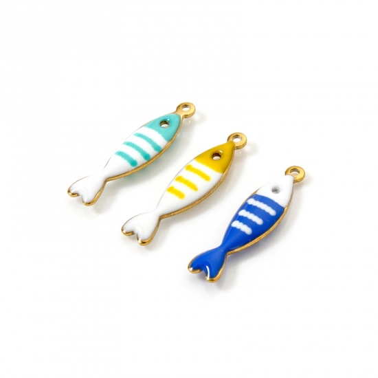 Image de 5 Pcs Breloques en 304 Acier Inoxydable Revêtement sous Vide PVD Respectueux de l'Environnement Bijoux d'Océan Poisson Plaqué Or Véritable 18K Couleur au Hasard Rayées Émail 18.5mm x 5mm