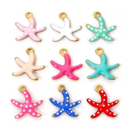 Eco-friendly PVD Vacuum Plating 304 Stainless Steel Ocean Jewelry Charms 18K Real Gold Plated Multicolor Star Fish Enamel 10.5mm x 10mm