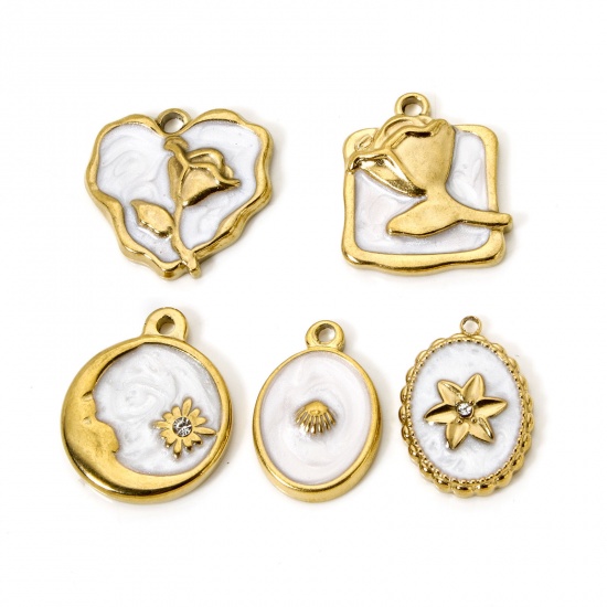 Picture of Eco-friendly PVD Vacuum Plating 304 Stainless Steel Charms 18K Real Gold Plated White Round Rose Flower Enamel