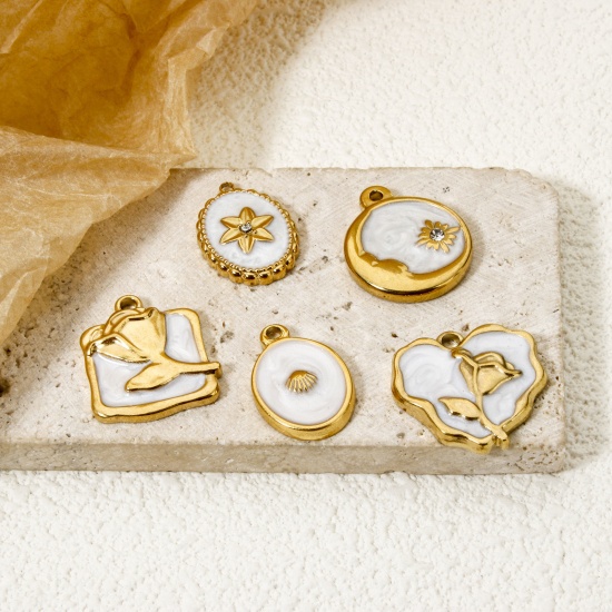 Picture of Eco-friendly PVD Vacuum Plating 304 Stainless Steel Charms 18K Real Gold Plated White Round Rose Flower Enamel