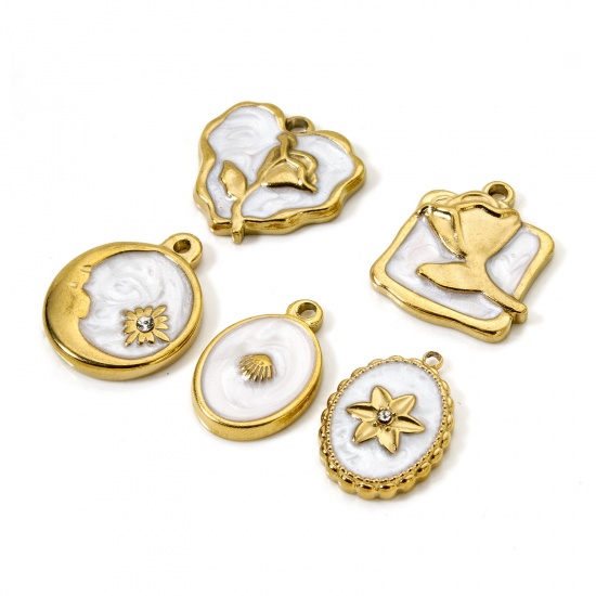 Picture of Eco-friendly PVD Vacuum Plating 304 Stainless Steel Charms 18K Real Gold Plated White Round Rose Flower Enamel