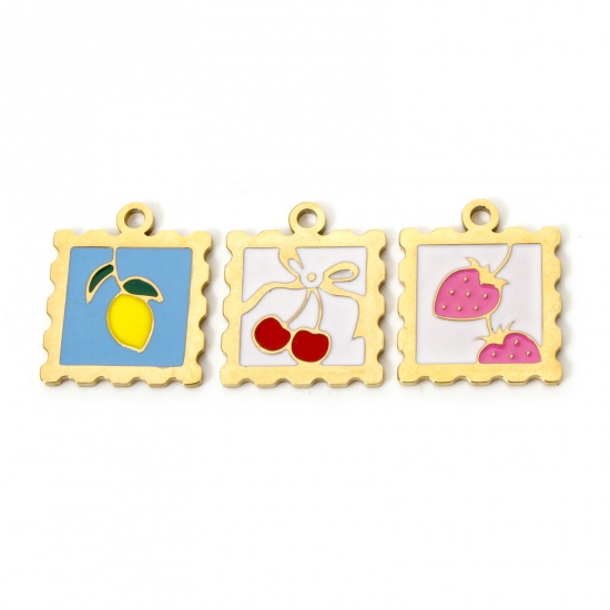 Picture of Eco-friendly PVD Vacuum Plating 304 Stainless Steel Flora Collection Charms 14K Real Gold Plated Multicolor Square Strawberry Fruit Enamel 19.5mm x 16.5mm