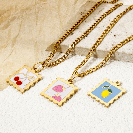 Picture of Eco-friendly PVD Vacuum Plating 304 Stainless Steel Flora Collection Charms 14K Real Gold Plated Multicolor Square Strawberry Fruit Enamel 19.5mm x 16.5mm