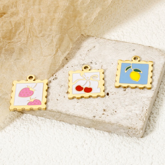 Picture of Eco-friendly PVD Vacuum Plating 304 Stainless Steel Flora Collection Charms 14K Real Gold Plated Multicolor Square Strawberry Fruit Enamel 19.5mm x 16.5mm