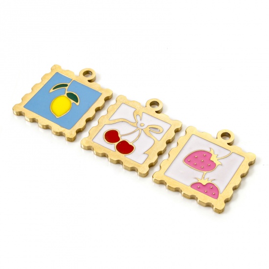 Picture of Eco-friendly PVD Vacuum Plating 304 Stainless Steel Flora Collection Charms 14K Real Gold Plated Multicolor Square Strawberry Fruit Enamel 19.5mm x 16.5mm