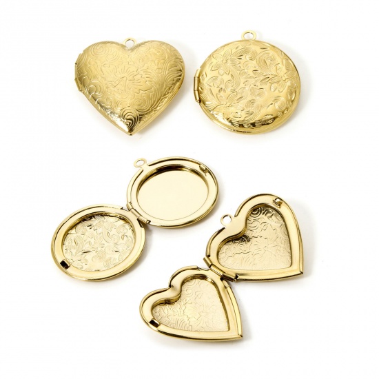 Image de 1 Pièce Pendentif Porte-Photo en 304 Acier Inoxydable Revêtement sous Vide PVD Respectueux de l'Environnement Cœur Plaqué Or Véritable 14K Fleurs