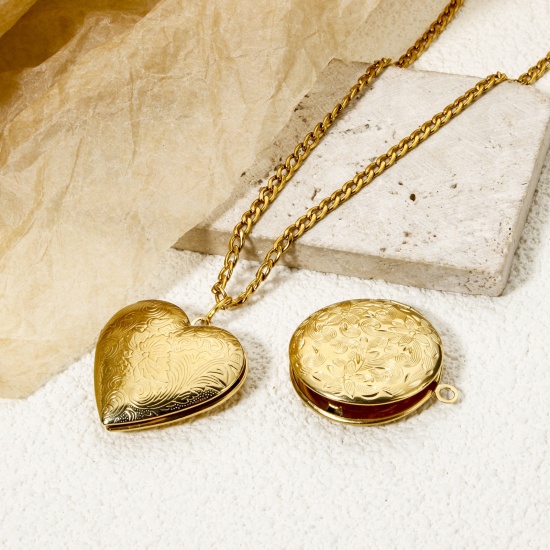Image de 1 Pièce Pendentif Porte-Photo en 304 Acier Inoxydable Revêtement sous Vide PVD Respectueux de l'Environnement Cœur Plaqué Or Véritable 14K Fleurs