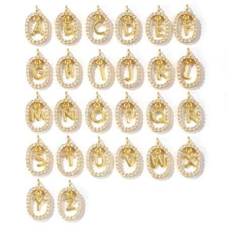 Brass Micro Pave Charms 18K Gold Plated Oval Capital Alphabet Initial Letter Hollow Clear Cubic Zirconia 18.7mm x 11.3mm