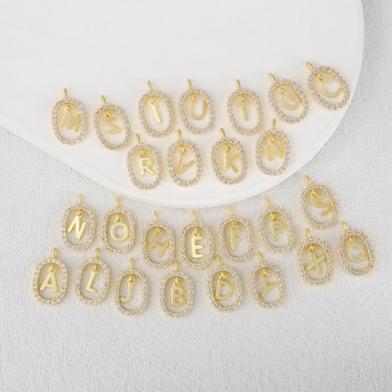 Image de 1 Pièce Breloques Micro Pave en Laiton Ovale Plaqué Or 18K Alphabet Initial/ Lettre Majuscule Creux à Zircone Cubique Clair 18.7mm x 11.3mm