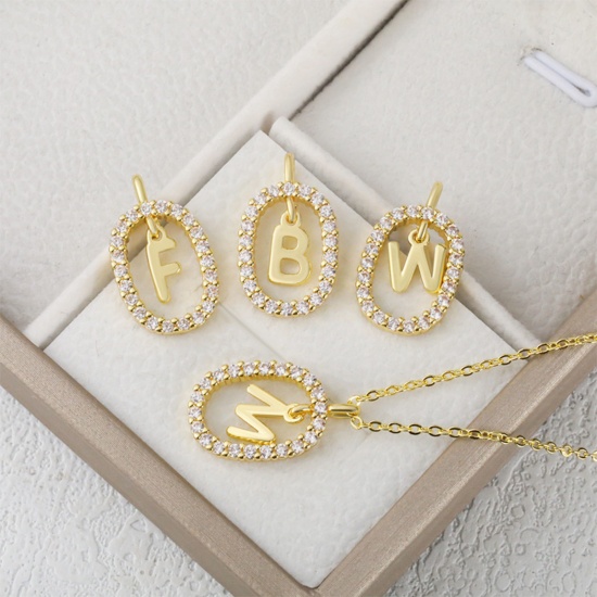 Image de 1 Pièce Breloques Micro Pave en Laiton Ovale Plaqué Or 18K Alphabet Initial/ Lettre Majuscule Creux à Zircone Cubique Clair 18.7mm x 11.3mm