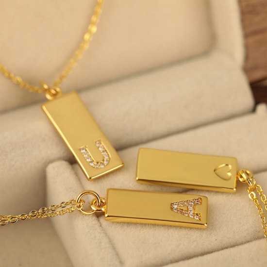 Изображение 1 Piece Brass Micro Pave Charms 18K Gold Plated Rectangle Capital Alphabet Initial Letter Clear Cubic Zirconia 22.9mm x 7.4mm