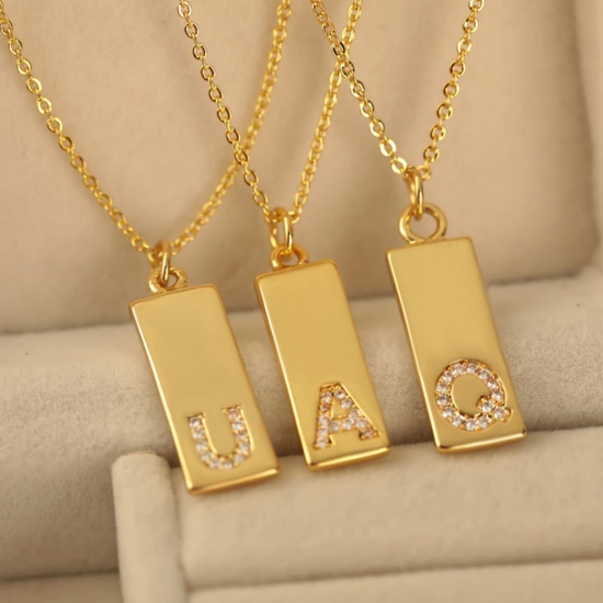 Изображение 1 Piece Brass Micro Pave Charms 18K Gold Plated Rectangle Capital Alphabet Initial Letter Clear Cubic Zirconia 22.9mm x 7.4mm