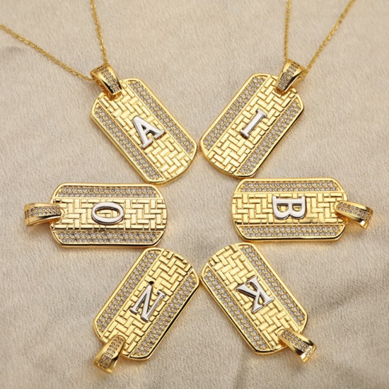 Изображение 1 Piece Brass Micro Pave Pendants 18K Gold Plated & Platinum Plated Two Tone Rectangle Capital Alphabet Initial Letter Clear Cubic Zirconia 3.5cm x 2cm