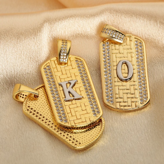 Изображение 1 Piece Brass Micro Pave Pendants 18K Gold Plated & Platinum Plated Two Tone Rectangle Capital Alphabet Initial Letter Clear Cubic Zirconia 3.5cm x 2cm