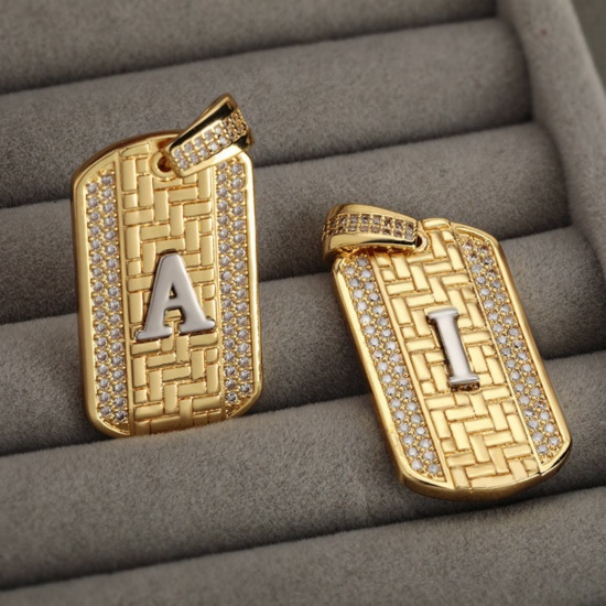 Изображение 1 Piece Brass Micro Pave Pendants 18K Gold Plated & Platinum Plated Two Tone Rectangle Capital Alphabet Initial Letter Clear Cubic Zirconia 3.5cm x 2cm