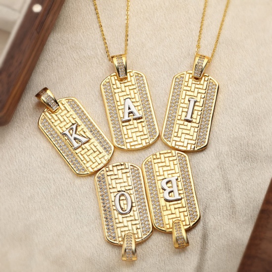 Изображение 1 Piece Brass Micro Pave Pendants 18K Gold Plated & Platinum Plated Two Tone Rectangle Capital Alphabet Initial Letter Clear Cubic Zirconia 3.5cm x 2cm