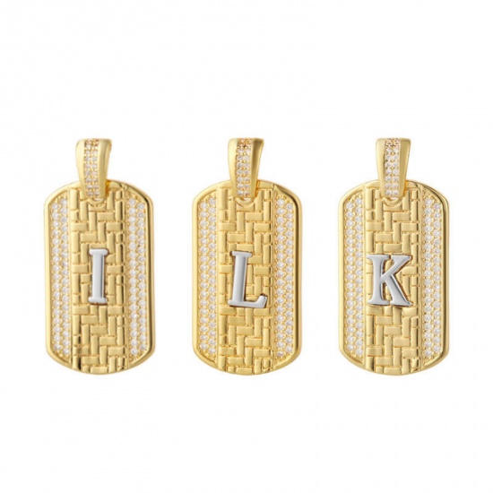 Изображение 1 Piece Brass Micro Pave Pendants 18K Gold Plated & Platinum Plated Two Tone Rectangle Capital Alphabet Initial Letter Clear Cubic Zirconia 3.5cm x 2cm