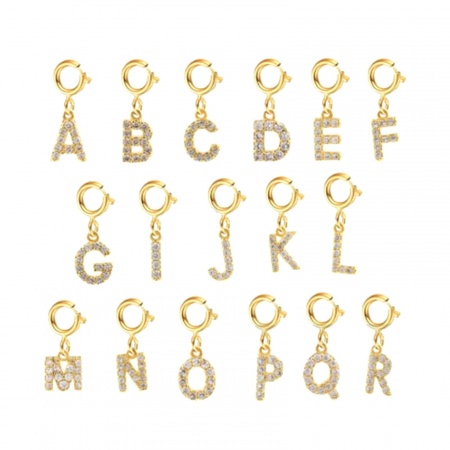 Eco-friendly PVD Vacuum Plating 304 Stainless Steel Micro Pave Clip On Charms For Vintage Charm Bracelets 18K Gold Plated Capital Alphabet Initial Letter Message " A-Z " With Spring Ring Clasp 14mm x 10mm