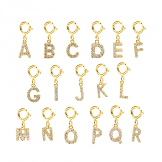 Immagine di 1 Pz Placcatura Sottovuoto PVD Ecologica 304 Acciaio Inossidabile Micro Intarsio Clip su Charm Stile Lettera Maiuscola Placcato Oro 18K Messaggio " A-Z " Con Chiusura A Molla 14mm x 10mm