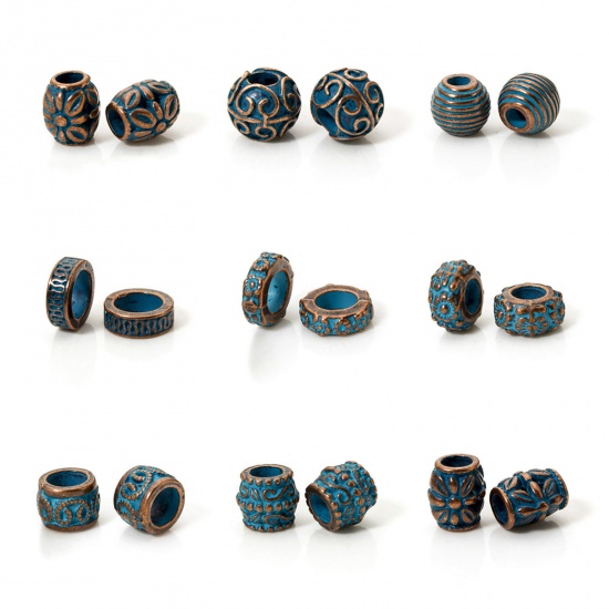 Immagine di 20 PCs Zinc Based Alloy Patina Spacer Beads For DIY Jewelry Making Antique Copper Blue Drum Flower