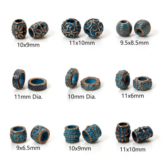 Immagine di 20 PCs Zinc Based Alloy Patina Spacer Beads For DIY Jewelry Making Antique Copper Blue Drum Flower