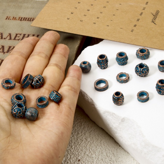 Immagine di 20 PCs Zinc Based Alloy Patina Spacer Beads For DIY Jewelry Making Antique Copper Blue Drum Flower