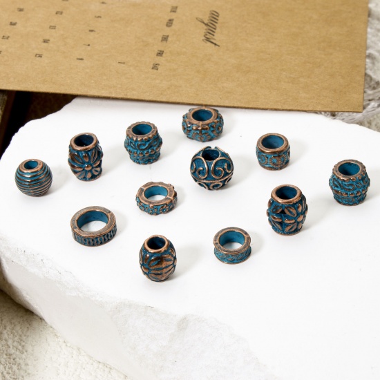 Immagine di 20 PCs Zinc Based Alloy Patina Spacer Beads For DIY Jewelry Making Antique Copper Blue Drum Flower