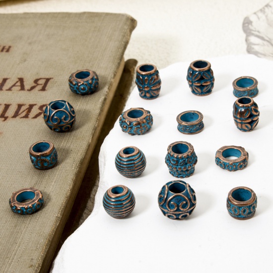 Immagine di 20 PCs Zinc Based Alloy Patina Spacer Beads For DIY Jewelry Making Antique Copper Blue Drum Flower