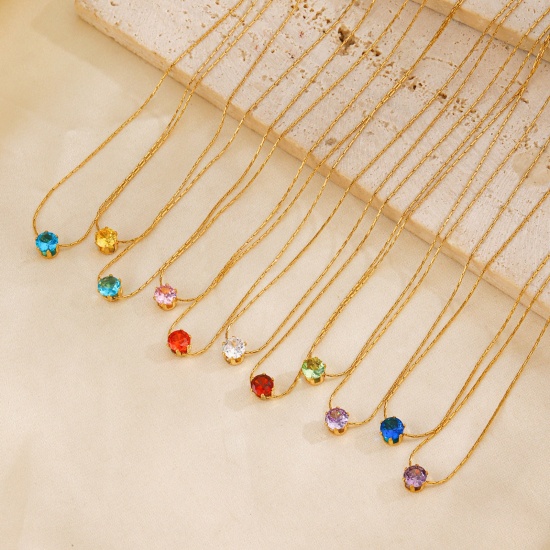 Picture of Wholesale Round Birthstone Pendant Charm Necklace, 18K Gold Plated 304 Stainless Steel Crimpable Chain, Women's Eco-friendly Vacuum Plating Stylish Minimalist Gift Jewelry For Retailer, 41.5cm(16.3") long, 1 Piece